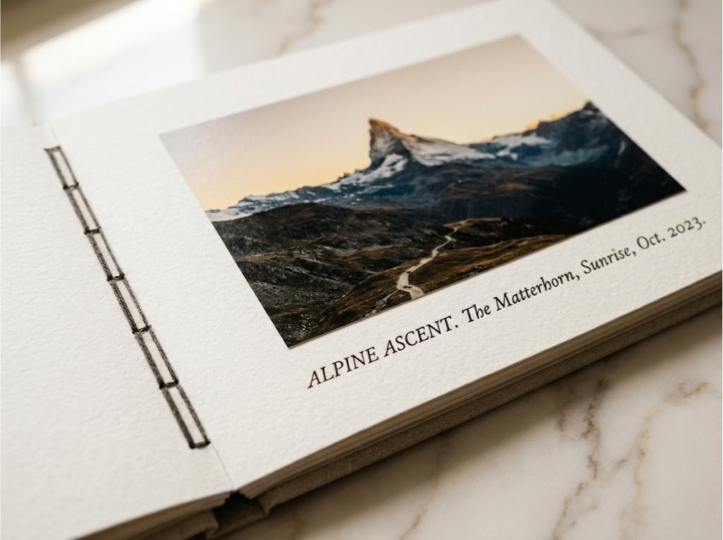 Trippal premium travel photo album open on a marble desk — Alpine Ascent, The Matterhorn